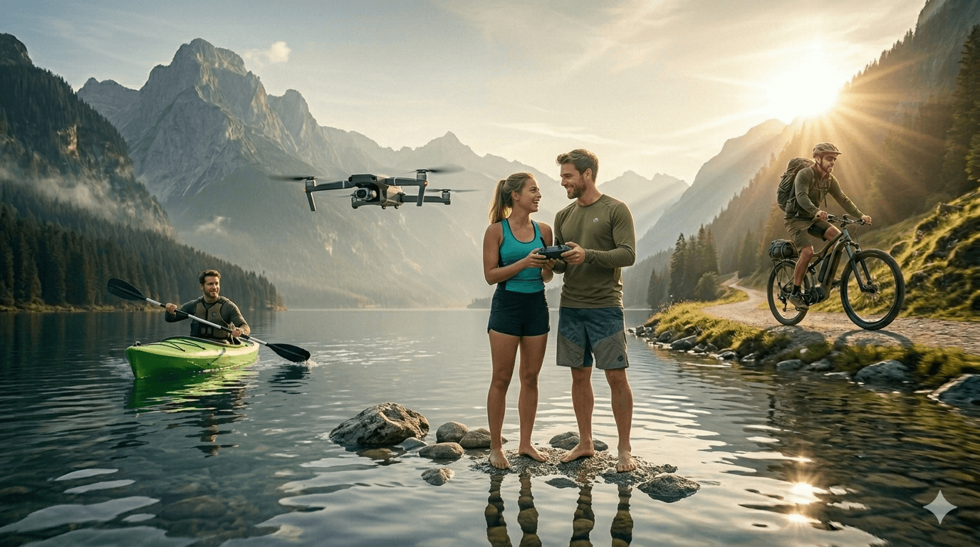 Dron de tecnología de campo, equipamiento outdoor para grabar en aventura